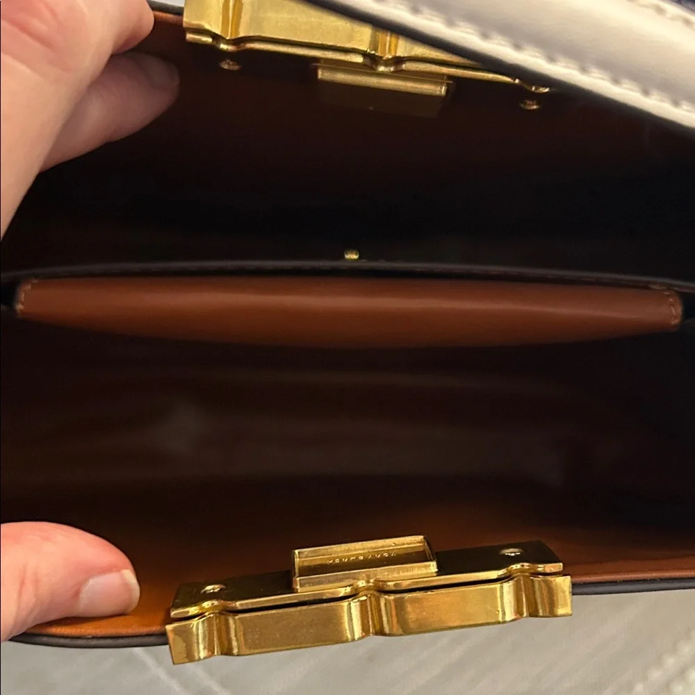 Tory Burch $700 Cream Eleanor Spazoletto Satchel with Gold Logo and Ribbon